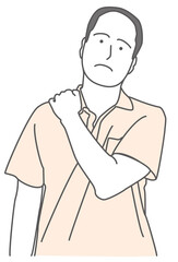 シャツを着た禿げた男性が、自分の肩を押さえるイラスト