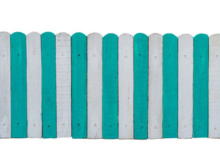 Fototapeta premium old wooden white and emerald green picket fence isolated on white