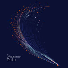 Evolution of data. Vector explosion motion dot lines background. Small particles strive out of center. vector illustration use for quantum technology, digital, science, music, communication.
