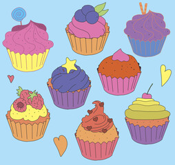 illustration bright cupcake with cream, topping, fruit