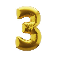 Inflatable number 3 three in golden color. Inflatable symbols of golden color for your design. 3d render.