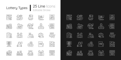 Lottery types linear icons set for dark and light mode. Gambling games. Winning jackpot. Receive cash prizes. Customizable thin line symbols. Isolated vector outline illustrations. Editable stroke