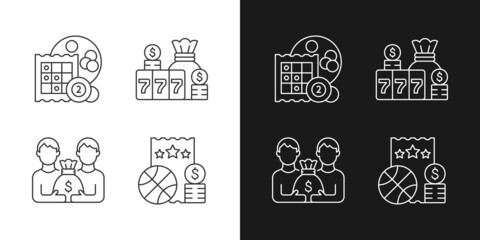 Participation in lottery linear icons set for dark and light mode. Bingo game. Winning large cash reward. Customizable thin line symbols. Isolated vector outline illustrations. Editable stroke