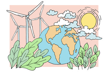 Eco cartoon planet Earth wind mills green leaves. Environmental safety sustainable technology renewable energy. Nature protection problem paper drawing cut design vector illustration