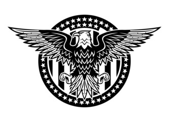 Round icon with bald eagle and stars on white background.
