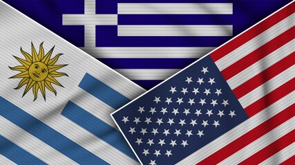 Greece United States of America Uruguay Flags Together Fabric Texture Effect Illustration