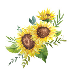 Watercolor sunflowers bouquet, hand painted sunflower bouquets, sunfower flower arrangement. Wedding invitation clipart elements. Watercolor floral. Botanical Drawing. White background.