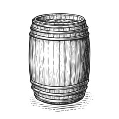 Oak wooden barrel. Hand drawn engraving style. Sketch vintage vector illustration