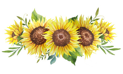 Obraz premium Watercolor sunflowers bouquet, hand painted sunflower bouquets, sunfower flower arrangement. Wedding invitation clipart elements. Watercolor floral. Botanical Drawing. White background.