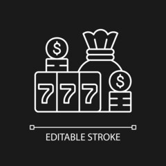 Jackpot white linear icon for dark theme. Prize in gambling game. Winning cash reward in lottery. Thin line customizable illustration. Isolated vector contour symbol for night mode. Editable stroke