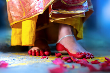 red alta design on indian hindu wedding marriage bride girl lady leg feet - obrazy, fototapety, plakaty