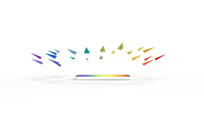 Paper rainbow airplanes fly out of the smartphone.  Composition on the topic of communication and LGBT. White background.