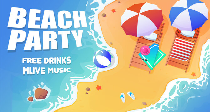 Image of the sea beach with umbrellas and sun loungers. Relax on the beach by the blue sea with a fun party. Beach party with live music is waiting for you. Booklet, flyer, banner, signboard or advert