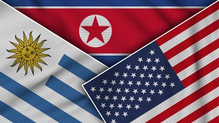 North Korea United States of America Uruguay Flags Together Fabric Texture Effect Illustration