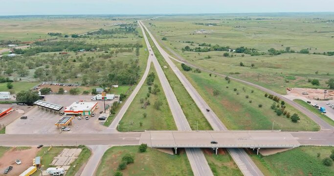 04 JULY 2021 Shamrock Texas USA: Aerial view Texas Interstate 40 highway near rest area