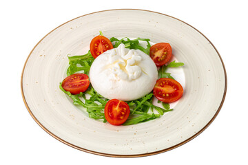 Salad with burrata cheese and cherry tomatoes isolated on white