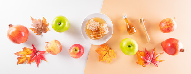 Rosh hashanah (jewish New Year holiday), Concept of traditional or religion symbols on white and pastel background.