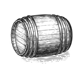 Oak wooden barrel sketch. Hand drawn engraving style. Vintage vector illustration