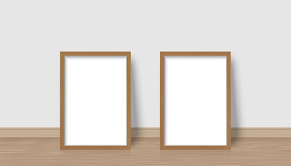 Blank photo frame standing in  room. Image presentation natural wood border. Vertical template with shadow vector illustrator.