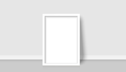 Blank photo frame standing in  room. Image presentation white border. Vertical template with shadow vector illustrator.