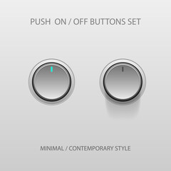 On and Off push Switch Buttons, contemporary Devices User Interface Mockup or Template - White and Grey on White Background - Vector Gradient Graphic Design