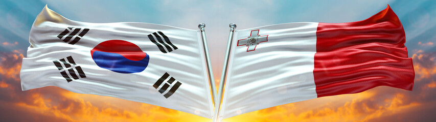 Fototapeta na wymiar South Korea Flag and Malta flag waving with texture sky Cloud and sunset Double flag 