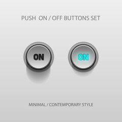 On and Off push Switch Buttons with Lettering contemporary Devices User Interface Mockup or Template - White and Grey on White Background - Vector Gradient Graphic Design