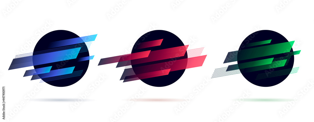 Wall mural set of dynamic graphic elements, circle shapes with random stripes, planet space abstract label