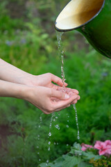 Clean water from an old jug pours on the hands of a young woman against the background of green nature.Ecology, environmental problems, cleanliness