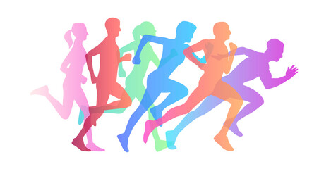 Graphic composition of people running maraphone, gradient silhouettes from jogging to speed run