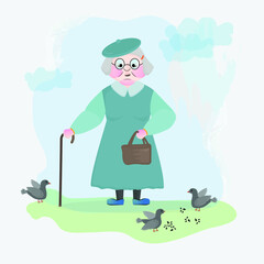 an old grandmother with a wand and a purse on the street near pigeons