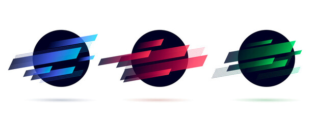 Set of dynamic graphic elements, circle shapes with random stripes, planet space abstract label