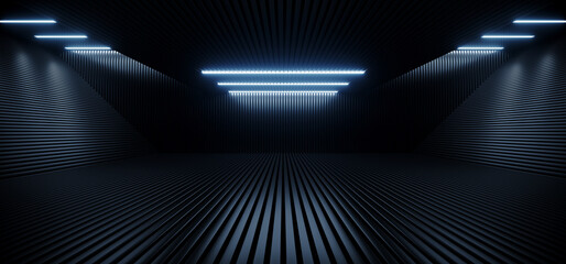 Neon Laser Blue White Led Lights Sci Fi Futuristic Modern Spaceship Dark Tunnel Corridor Hangar Garage Metal Glossy Showroom Empty Stage 3D Rendering © IM_VISUALS