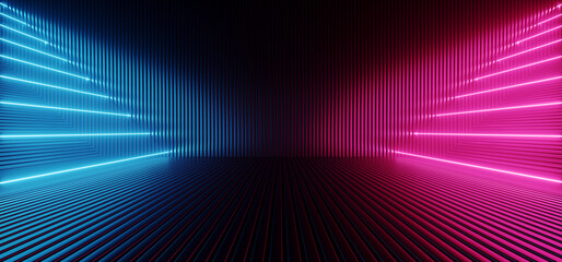 Neon Laser Vibrant Glowing Sci Fi Futuristische Bühne Glossy Metal Club Showroom Cyber Hangar Warehouse Hintergrund Purple Blue Glowing 3D Rendering
