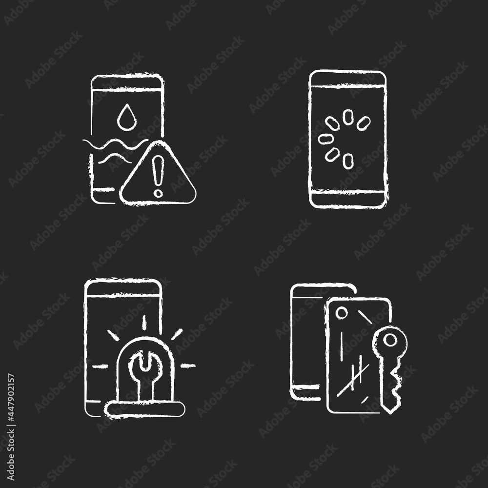 Sticker Usual mobile phone problems chalk white icons set on dark background. Connection issue. Water damage. Scratched case. Telephone refurbish. Isolated vector chalkboard illustrations on black