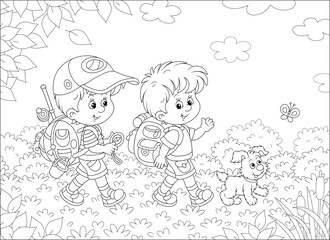 Cheerful little boys backpackers with a tourist compass and rucksacks, friendly smiling, talking and walking with their merry pup on summer vacation, black and white vector cartoon illustration