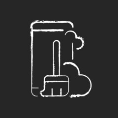 Dust and dirt inside the phone chalk white icon on dark background. Smartphone and broom. Remove dust from inside lens, speakers and ports. Isolated vector chalkboard illustration on black