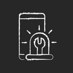 Urgent phone repairs chalk white icon on dark background. Mobile phone and wrench. Express cracked and broken cellphone renovation. Malfunction fixing. Isolated vector chalkboard illustration on black