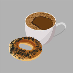 Tea, coffee and a bagel with poppy seeds. White cup with coffee or tea. Breakfast. Set