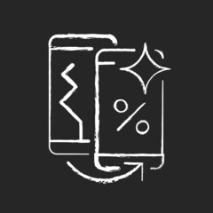 Old phone replacement chalk white icon on dark background. Old malfunction device return. Mobile phone exchange. Damaged telephone trade-in offer. Isolated vector chalkboard illustration on black