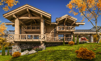 3d rendering of modern cozy chalet with pool and parking for sale or rent. Beautiful forest mountains on background. Massive timber beams columns. Clear sunny autumn day with golden leaves anywhere.
