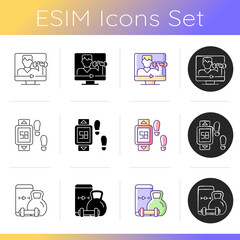 Online fitness coach icons set. Balanced diet. Wellness degree. Virtual jogging marathon. Health improvement. Home sport classes. Linear, black and RGB color styles. Isolated vector illustrations