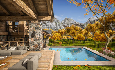 3d rendering of modern cozy chalet with pool and parking for sale or rent. Beautiful forest mountains on background. Massive timber beams columns. Clear sunny autumn day with golden leaves anywhere.
