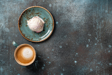 Cup of coffee and ice cream on vintage table