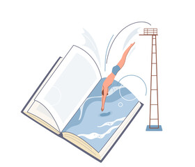 Young man diving to the water in the book from diving tower. Immersion reading concept, literature vector background. Studying, education design illustration in simple flat style