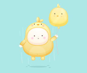Cute baby in chicks costume flying with balloon. Mascot cartoon illustration Premium Vector