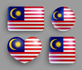 Set of glossy buttons with Malaysia country flag. South East Asia country national flag, shiny geometric shape badges. Malaysian symbols in patriotic colors realistic vector illustration