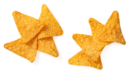 Flavoured corn chips isolated on white background, top view