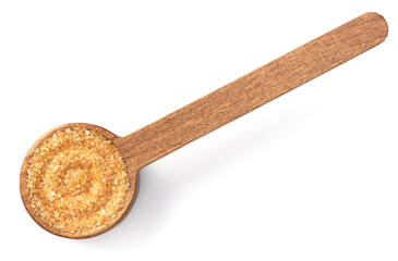yellow sanding sugar in the wooden measuring spoon, isolated on white, top view