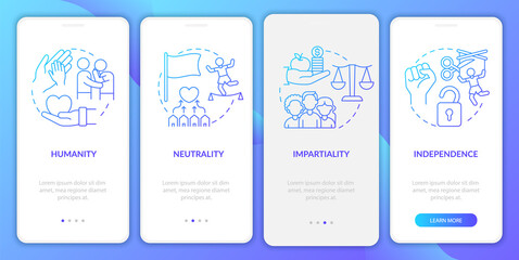 Neutrality onboarding mobile app page screen. Humanitarian aid independence walkthrough 4 steps graphic instructions with concepts. UI, UX, GUI vector template with linear color illustrations